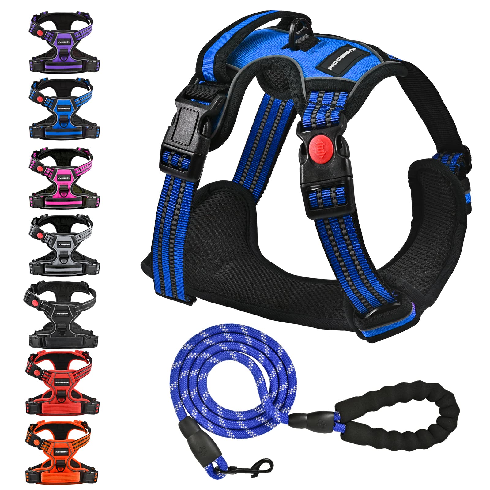Juqiboom No Pull Dog Harness with Free Leash - Adjustable Soft Padded Vest, Reflective, Medium, Blue