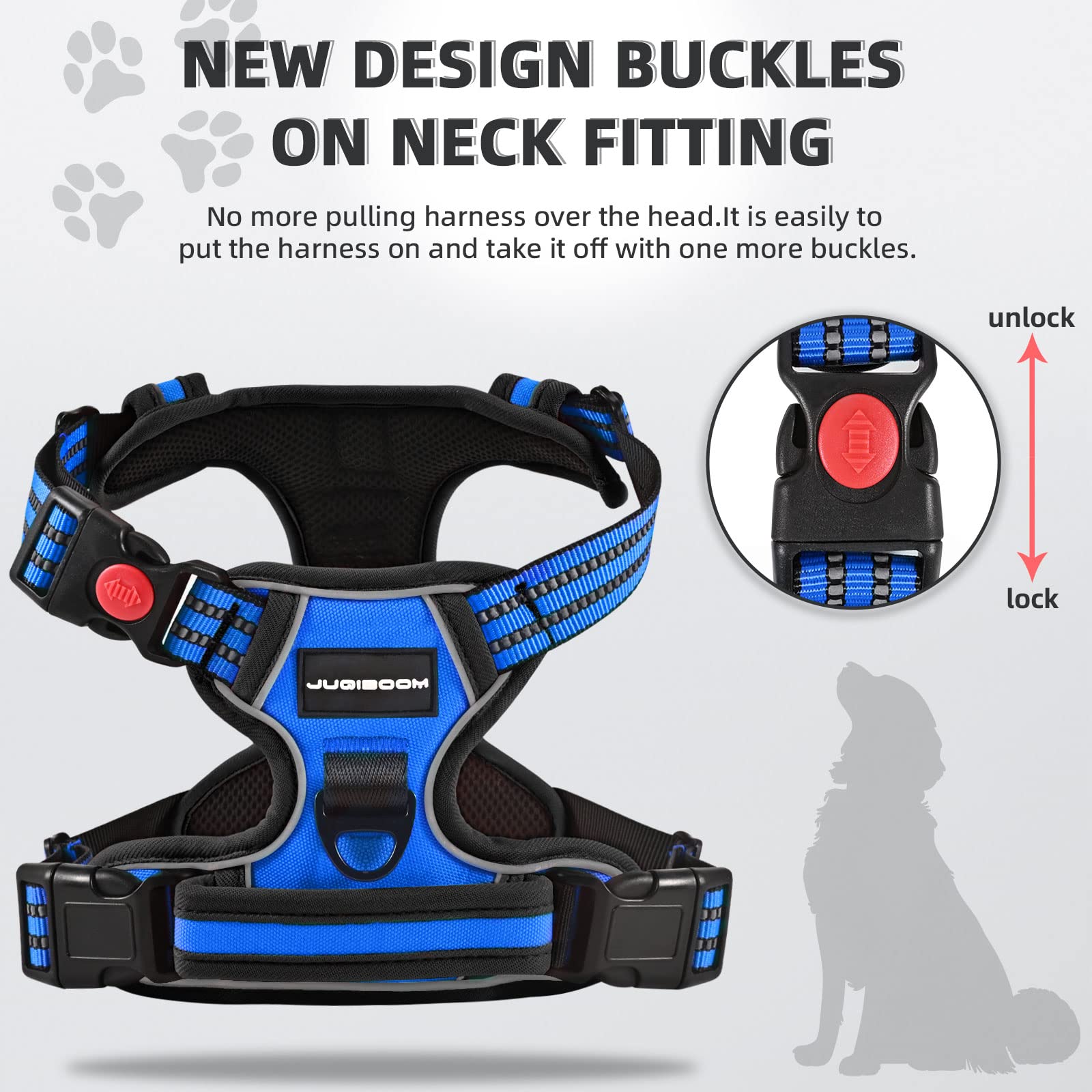 Juqiboom No Pull Dog Harness with Free Leash - Adjustable Soft Padded Vest, Reflective, Medium, Blue
