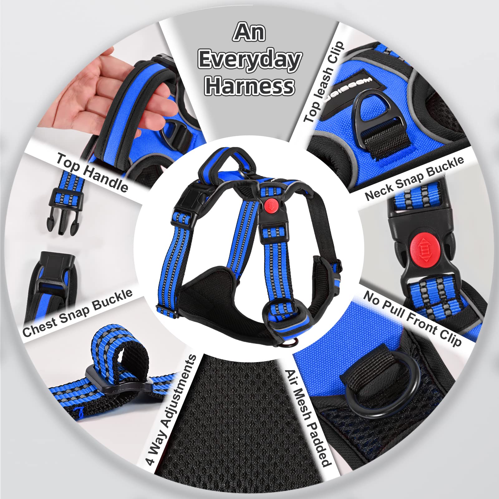Juqiboom No Pull Dog Harness with Free Leash - Adjustable Soft Padded Vest, Reflective, Medium, Blue
