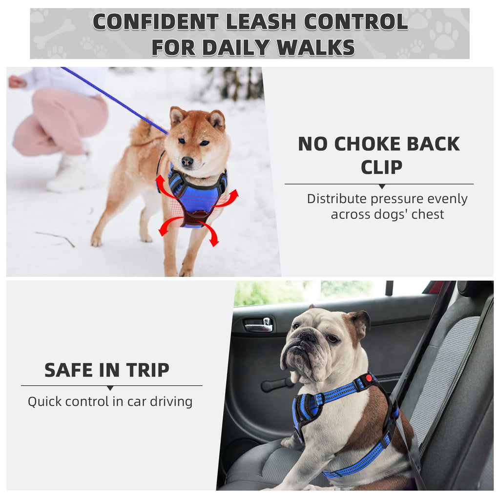 Juqiboom No Pull Dog Harness with Free Leash - Adjustable Soft Padded Vest, Reflective, Medium, Blue