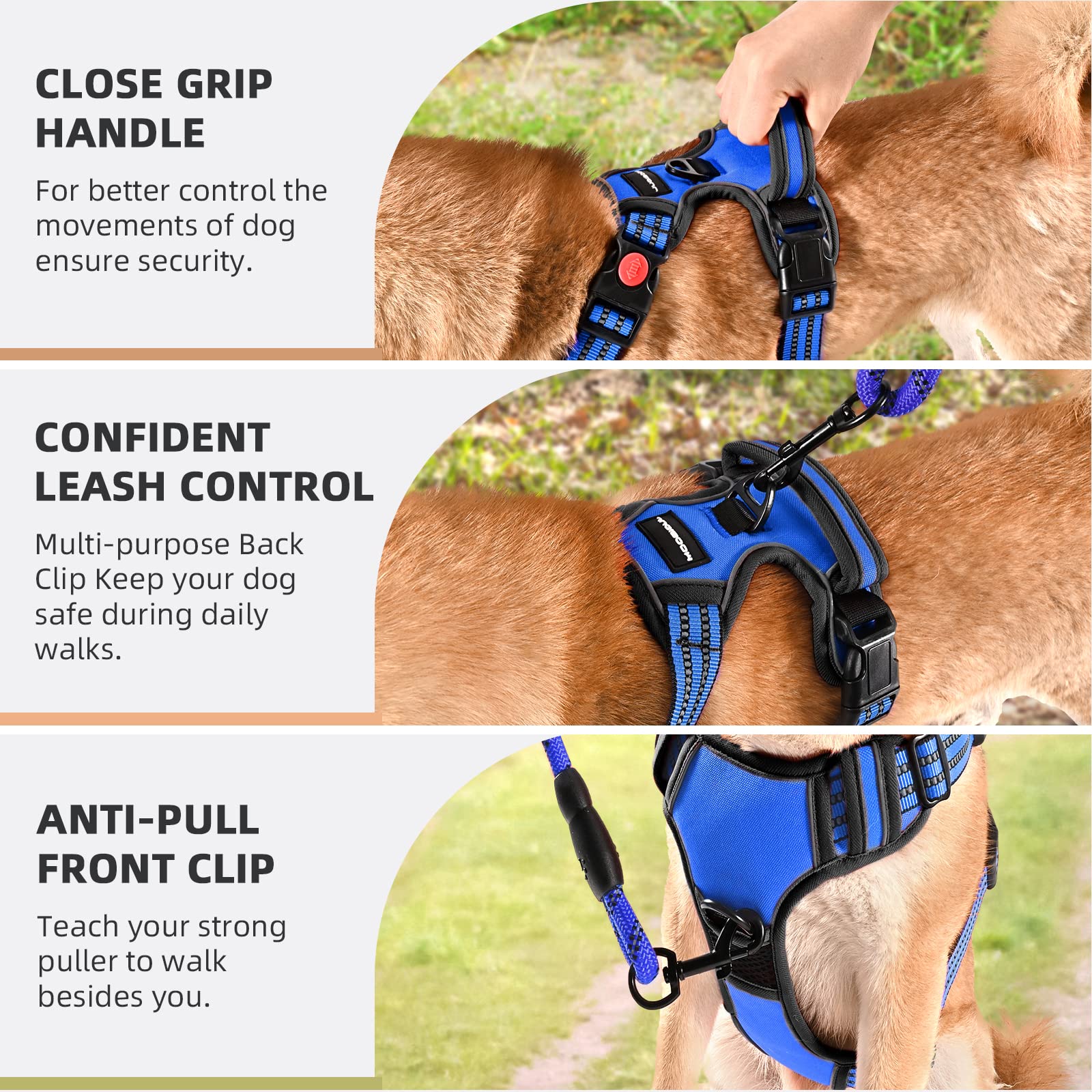 Juqiboom No Pull Dog Harness with Free Leash - Adjustable Soft Padded Vest, Reflective, Medium, Blue