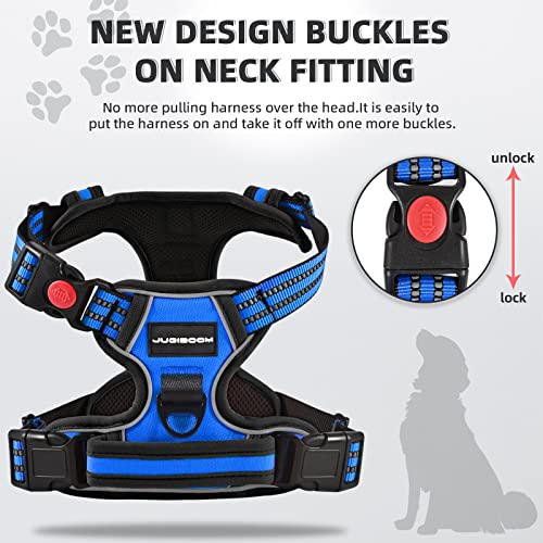 Juqiboom No Pull Dog Harness with Free Leash - Adjustable Soft Padded Vest, Reflective, Medium, Blue