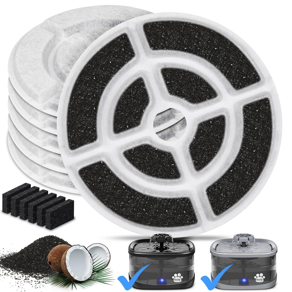 Kastty 6-Pack Replacement Filters for 9.5L Dog Water Fountain – Food-Grade Activated Carbon & PP Cotton, Wave-Shaped 18cm Filters + Pump Sponges