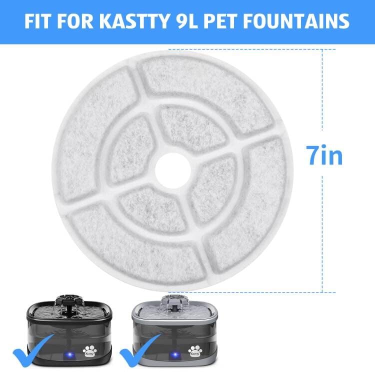 Kastty 6-Pack Replacement Filters for 9.5L Dog Water Fountain – Food-Grade Activated Carbon & PP Cotton, Wave-Shaped 18cm Filters + Pump Sponges