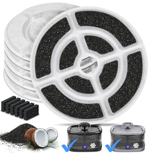 Kastty 6-Pack Replacement Filters for 9.5L Dog Water Fountain – Food-Grade Activated Carbon & PP Cotton, Wave-Shaped 18cm Filters + Pump Sponges