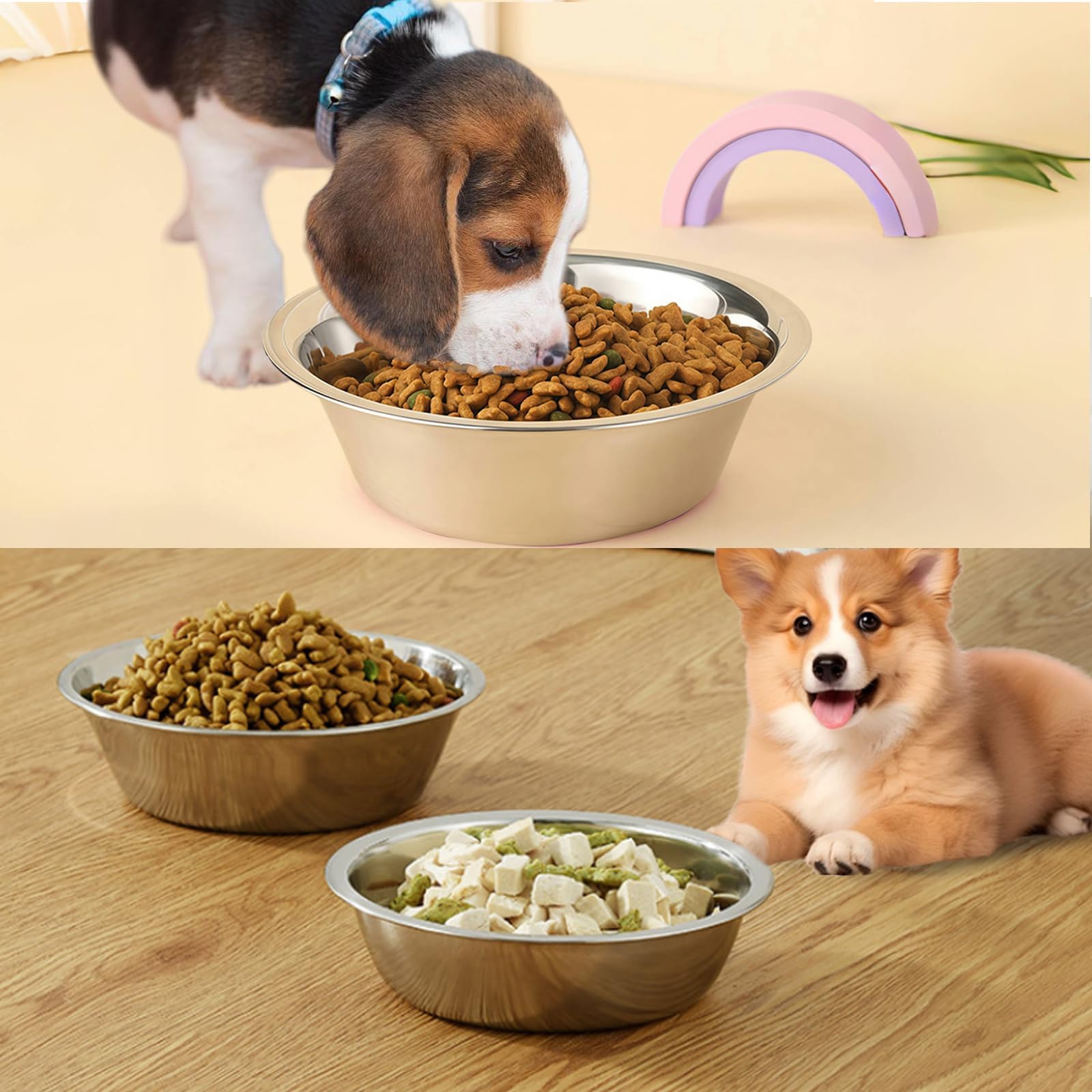 kathson 2 Pack Stainless Steel Dog Bowls, 6.3-Inch Metal Pet Food and Water Dishes for Small Dogs and Cats