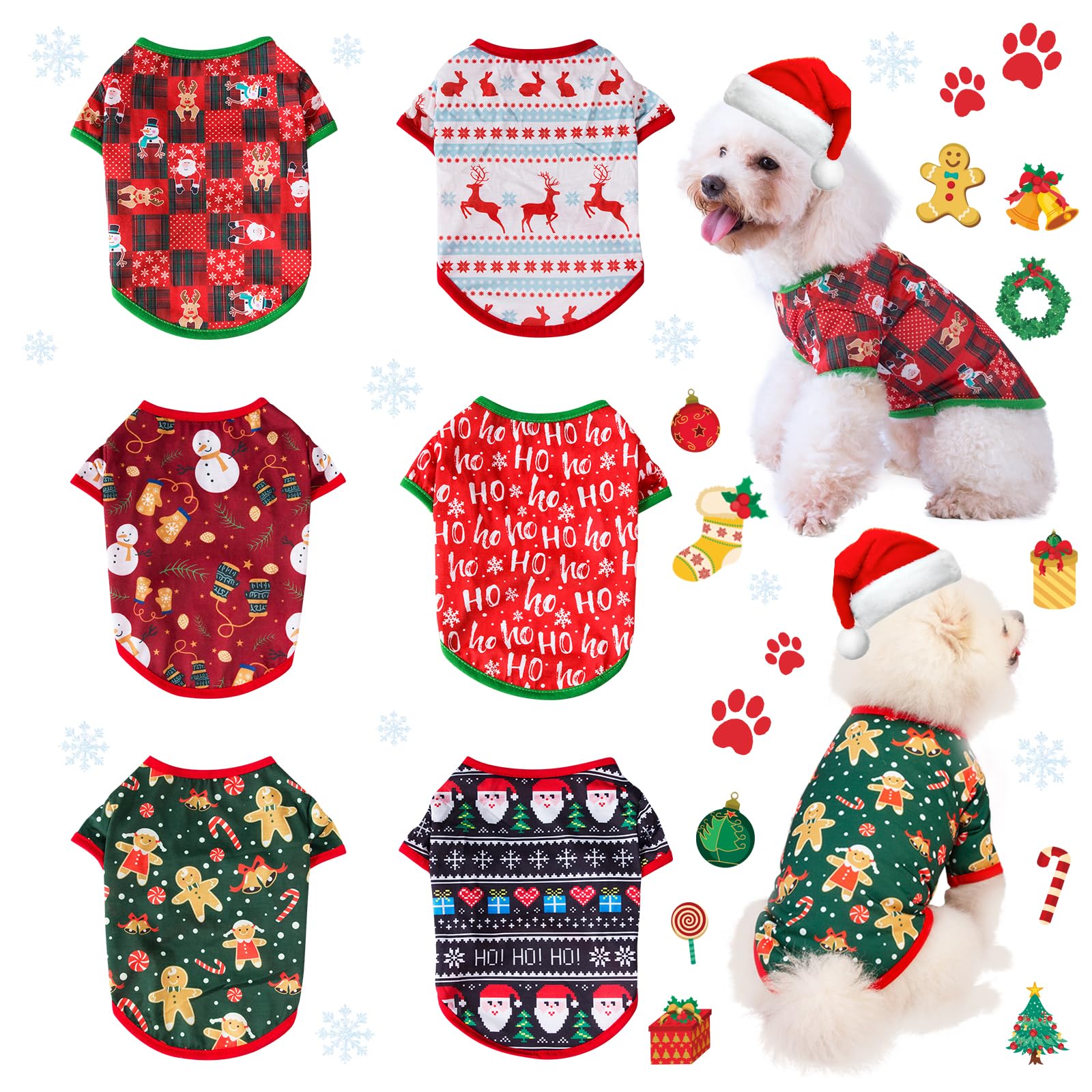 KATOLK 6-Pack Christmas Dog Shirts for Small Dogs & Cats - Soft Breathable Pet T-Shirts with Snowman Santa Reindeer Prints