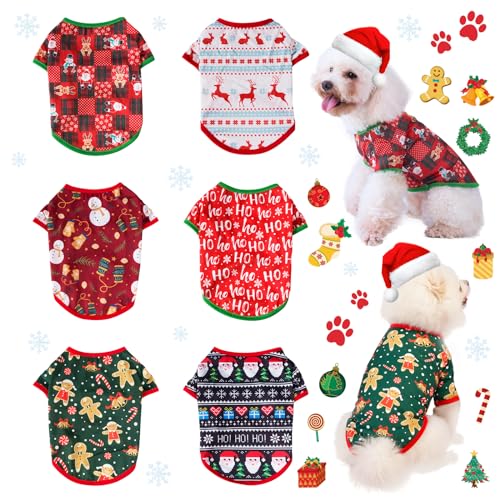 KATOLK 6-Pack Christmas Dog Shirts for Small Dogs & Cats - Soft Breathable Pet T-Shirts with Snowman Santa Reindeer Prints