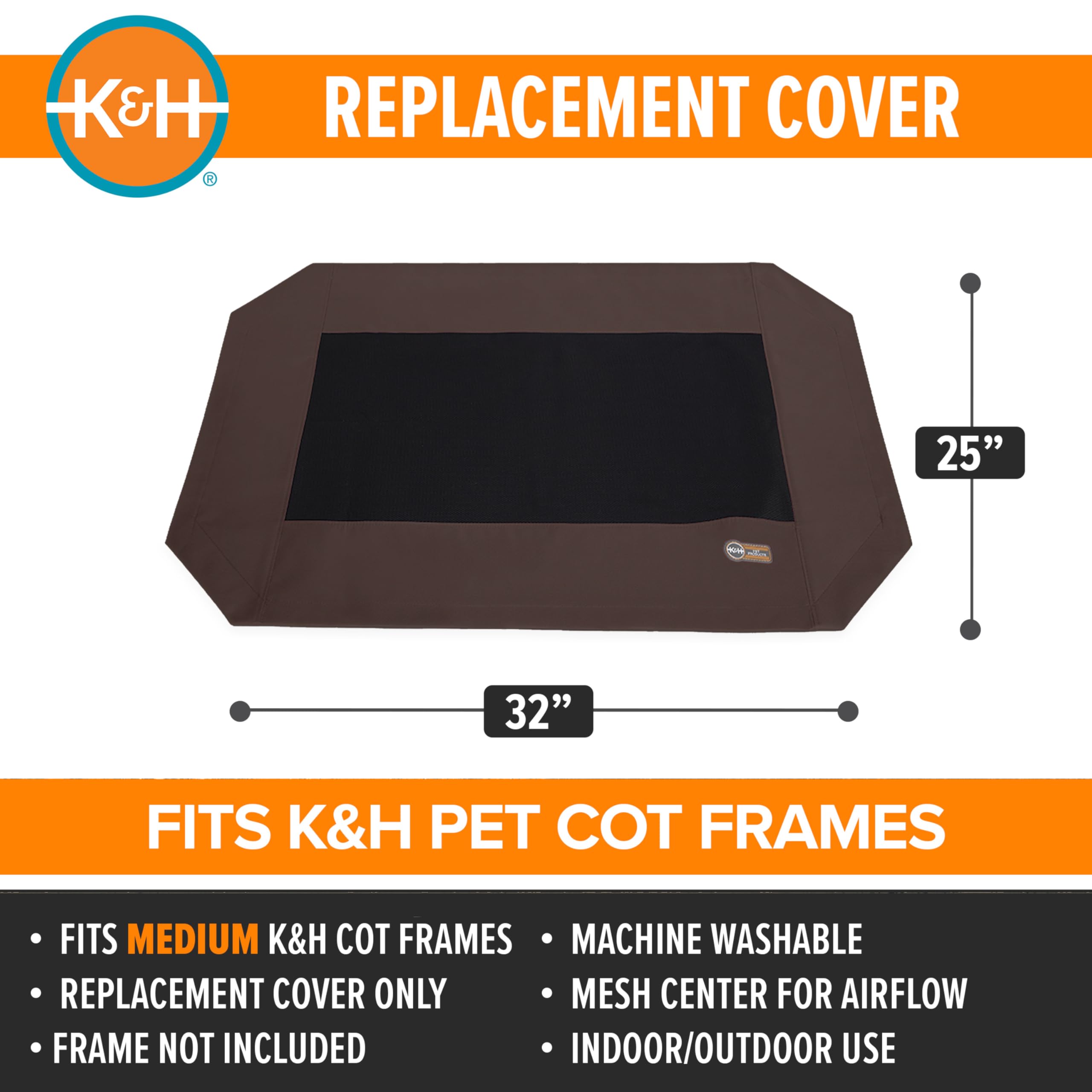 K&H Pet Products Medium Dog Cot Replacement Cover - 32 x 25 Inch, Chocolate - Breathable Mesh, Water Resistant, Machine Washable