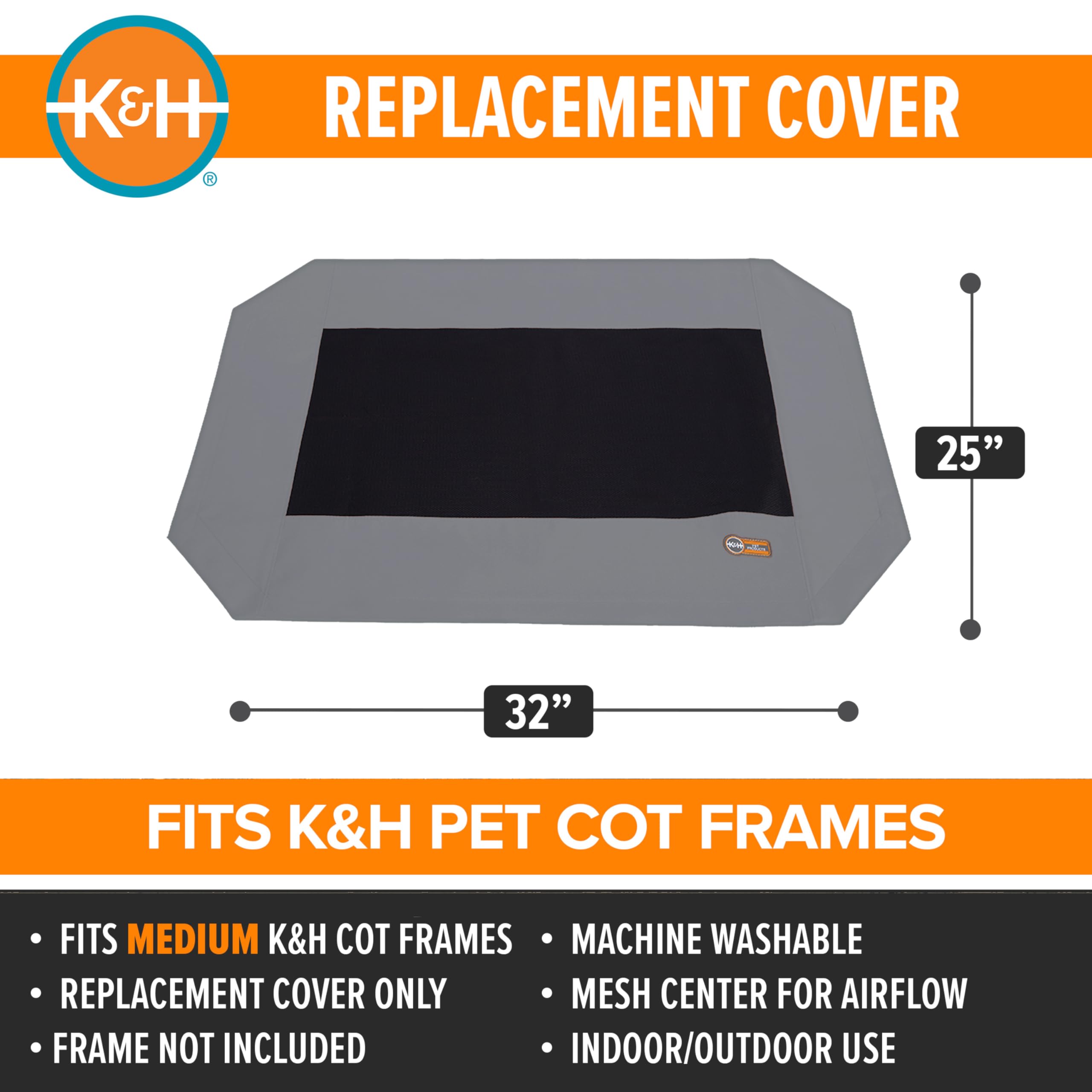 K&H Pet Products Medium Dog Cot Replacement Cover 32x25in Gray - Mesh Cooling, Heavy Denier, Machine Washable