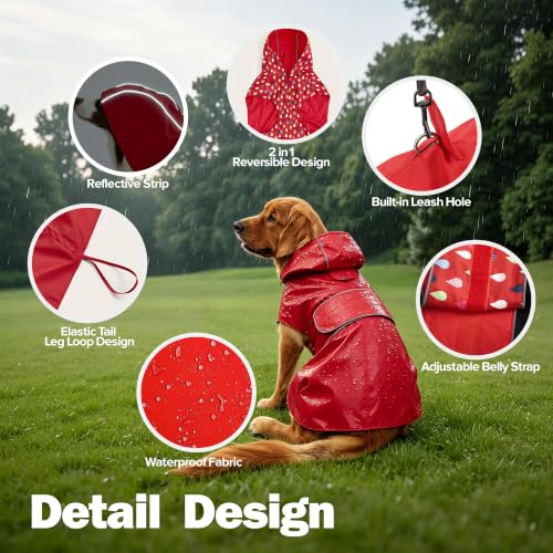 Kimee Reversible Dog Raincoat – Waterproof Poncho with Reflective Strip, Leash Hole & Elastic Leg Loops, Size Medium