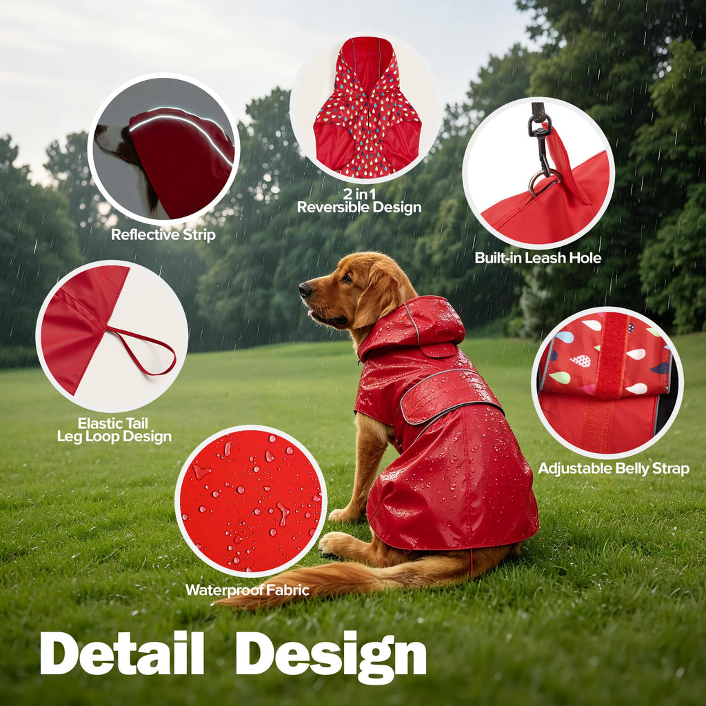 Kimee Reversible Dog Raincoat – Waterproof Poncho with Reflective Strip, Leash Hole & Elastic Leg Loops, Size Medium