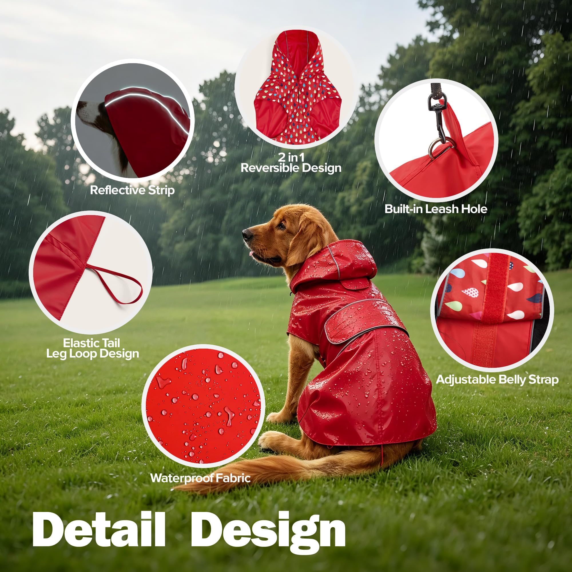 Kimee Reversible Dog Raincoat – Waterproof Poncho with Reflective Strip, Leash Hole & Elastic Leg Loops, Size Medium