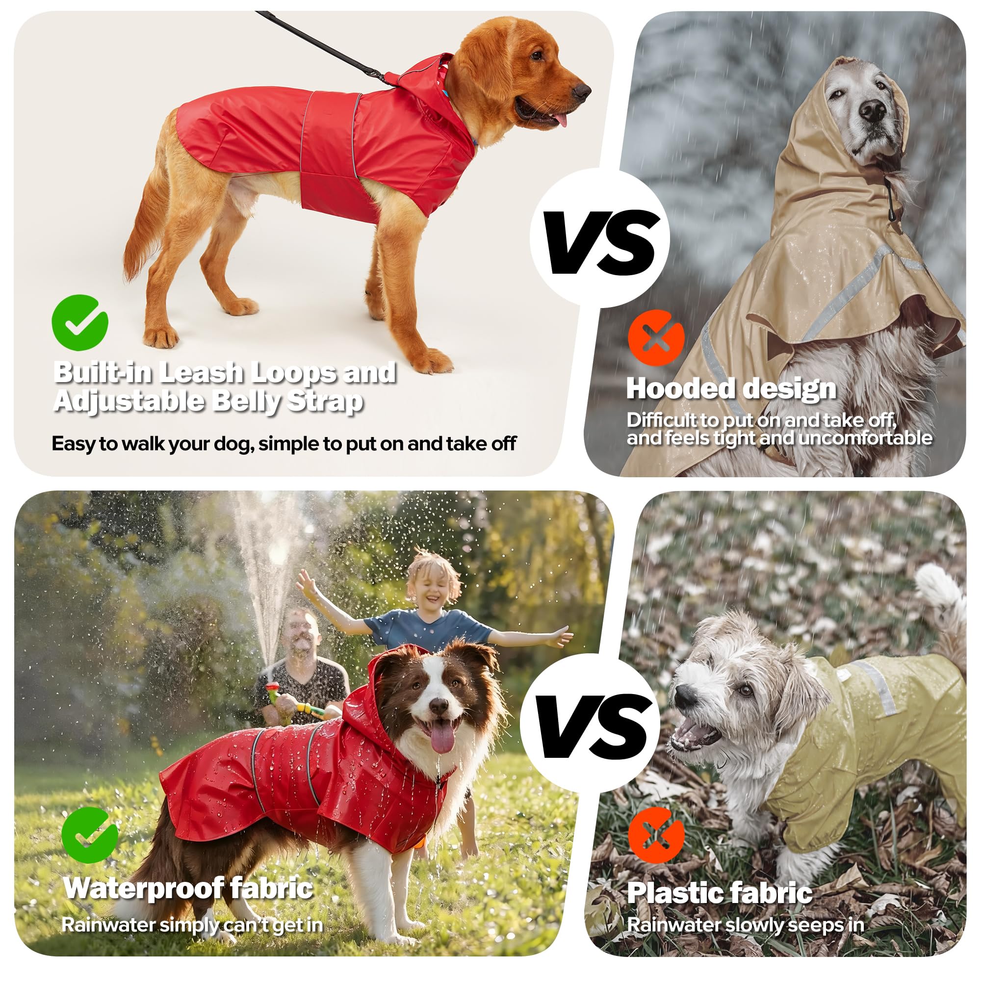 Kimee Reversible Dog Raincoat – Waterproof Poncho with Reflective Strip, Leash Hole & Elastic Leg Loops, Size Medium