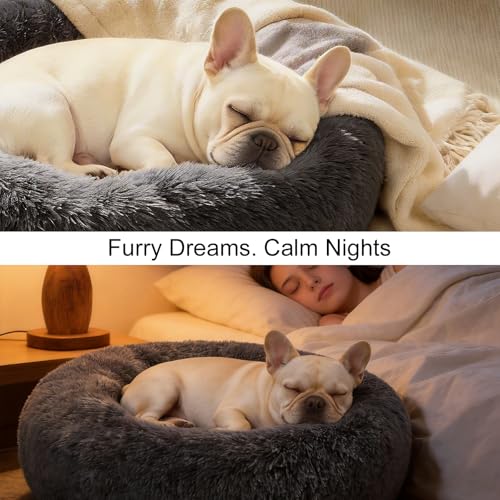 Kimpets Donut Calming Dog Bed - Small 20" Round Washable Faux Fur Bed for Small to Medium Dogs, Dark Grey