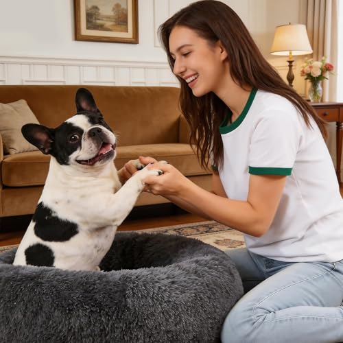 Kimpets Donut Calming Dog Bed - Small 20" Round Washable Faux Fur Bed for Small to Medium Dogs, Dark Grey