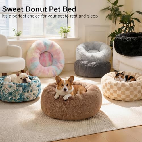 Kimpets Donut Calming Dog Bed - Small 20" Round Washable Faux Fur Bed for Small to Medium Dogs, Dark Grey