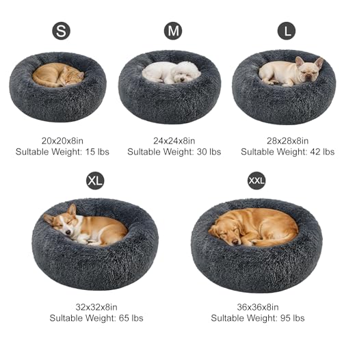 Kimpets Donut Calming Dog Bed - Small 20" Round Washable Faux Fur Bed for Small to Medium Dogs, Dark Grey