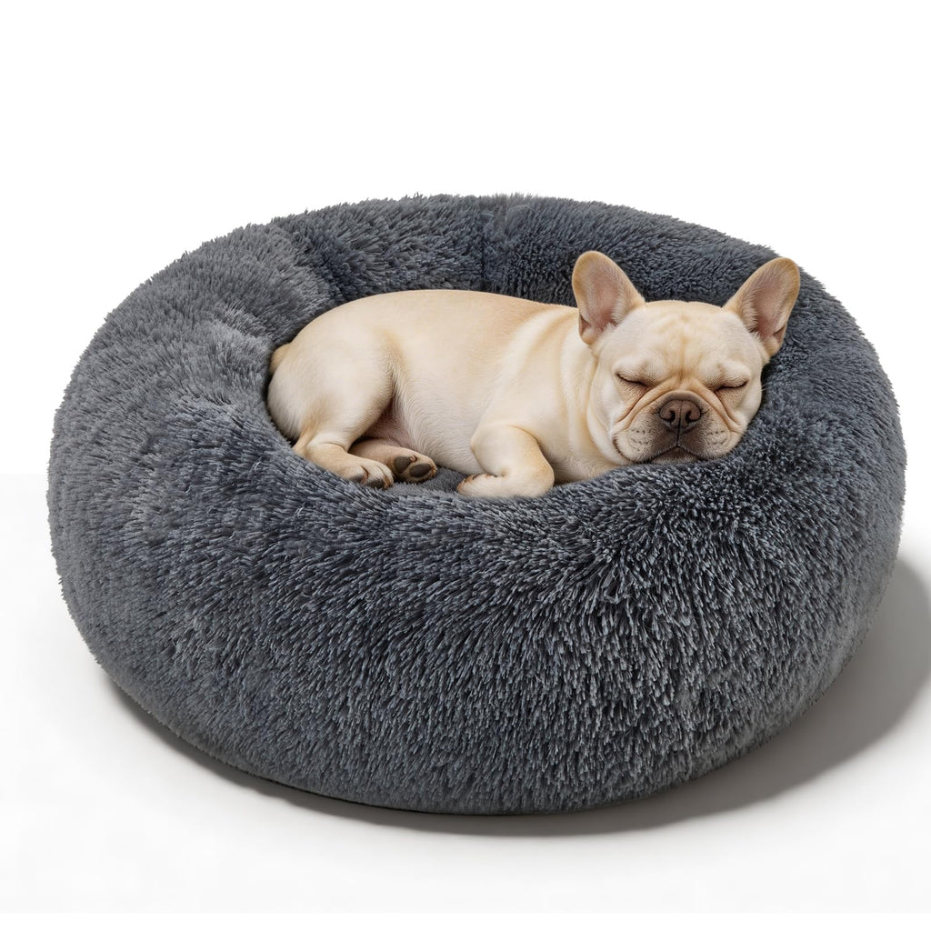 Kimpets Donut Calming Dog Bed - Small 20" Round Washable Faux Fur Bed for Small to Medium Dogs, Dark Grey
