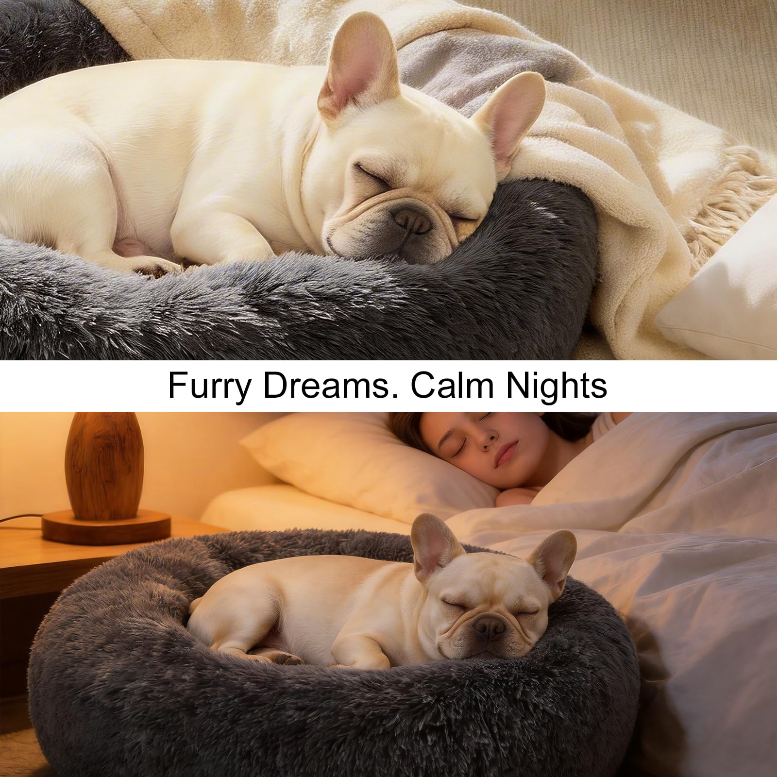 Kimpets Donut Calming Dog Bed - Small 20" Round Washable Faux Fur Bed for Small to Medium Dogs, Dark Grey
