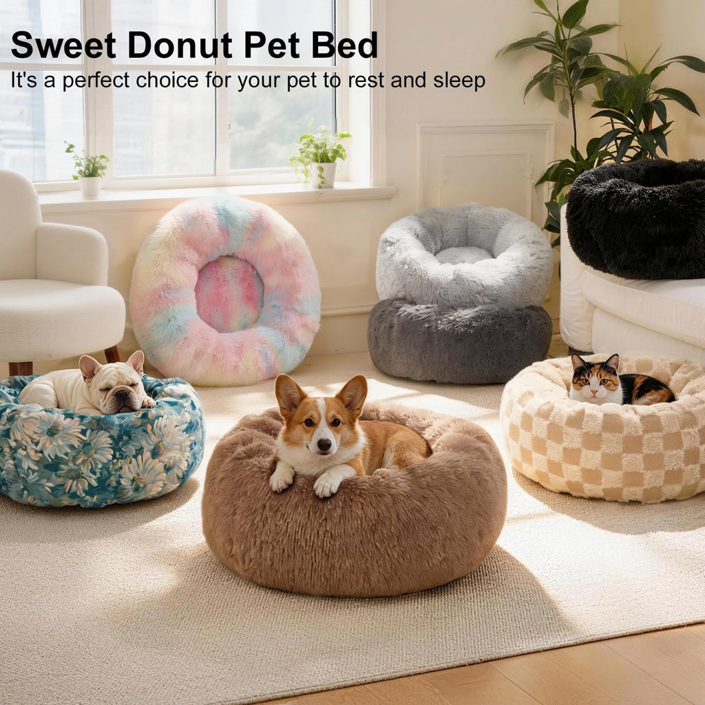 Kimpets Donut Calming Dog Bed - Small 20" Round Washable Faux Fur Bed for Small to Medium Dogs, Dark Grey