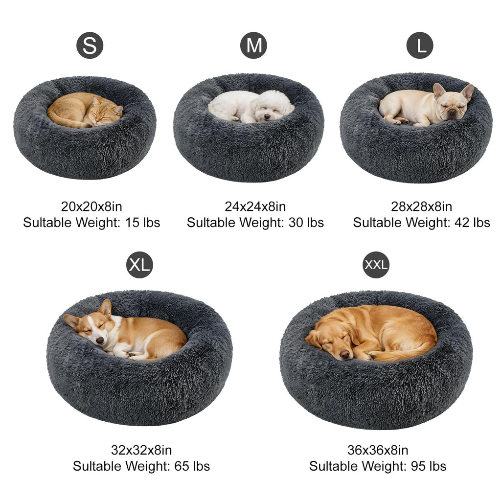 Kimpets Donut Calming Dog Bed - Small 20" Round Washable Faux Fur Bed for Small to Medium Dogs, Dark Grey