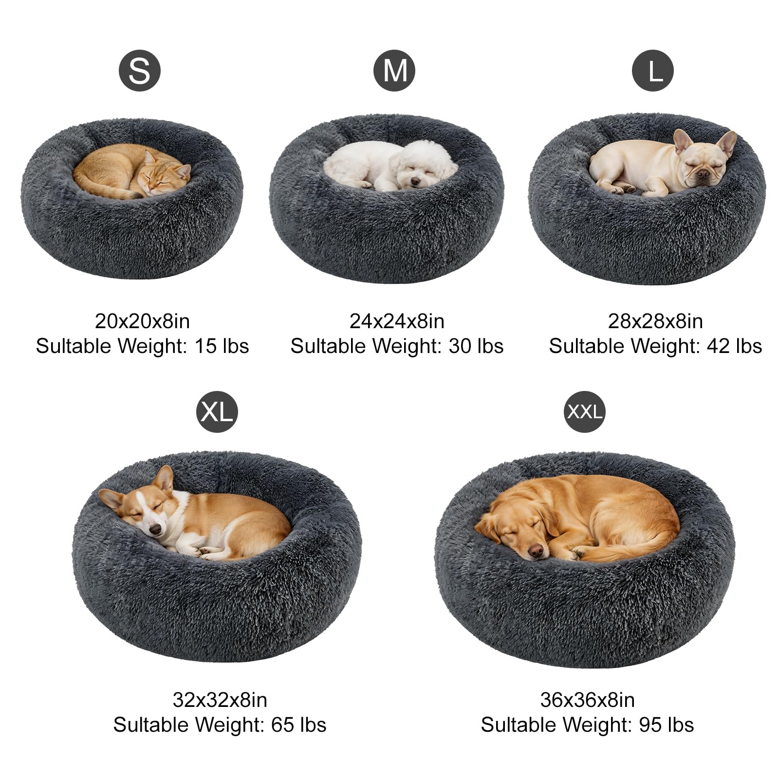 Kimpets Donut Calming Dog Bed - Small 20" Round Washable Faux Fur Bed for Small to Medium Dogs, Dark Grey