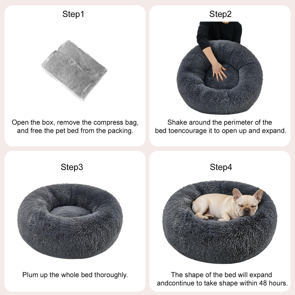 Kimpets Donut Calming Dog Bed - Small 20" Round Washable Faux Fur Bed for Small to Medium Dogs, Dark Grey