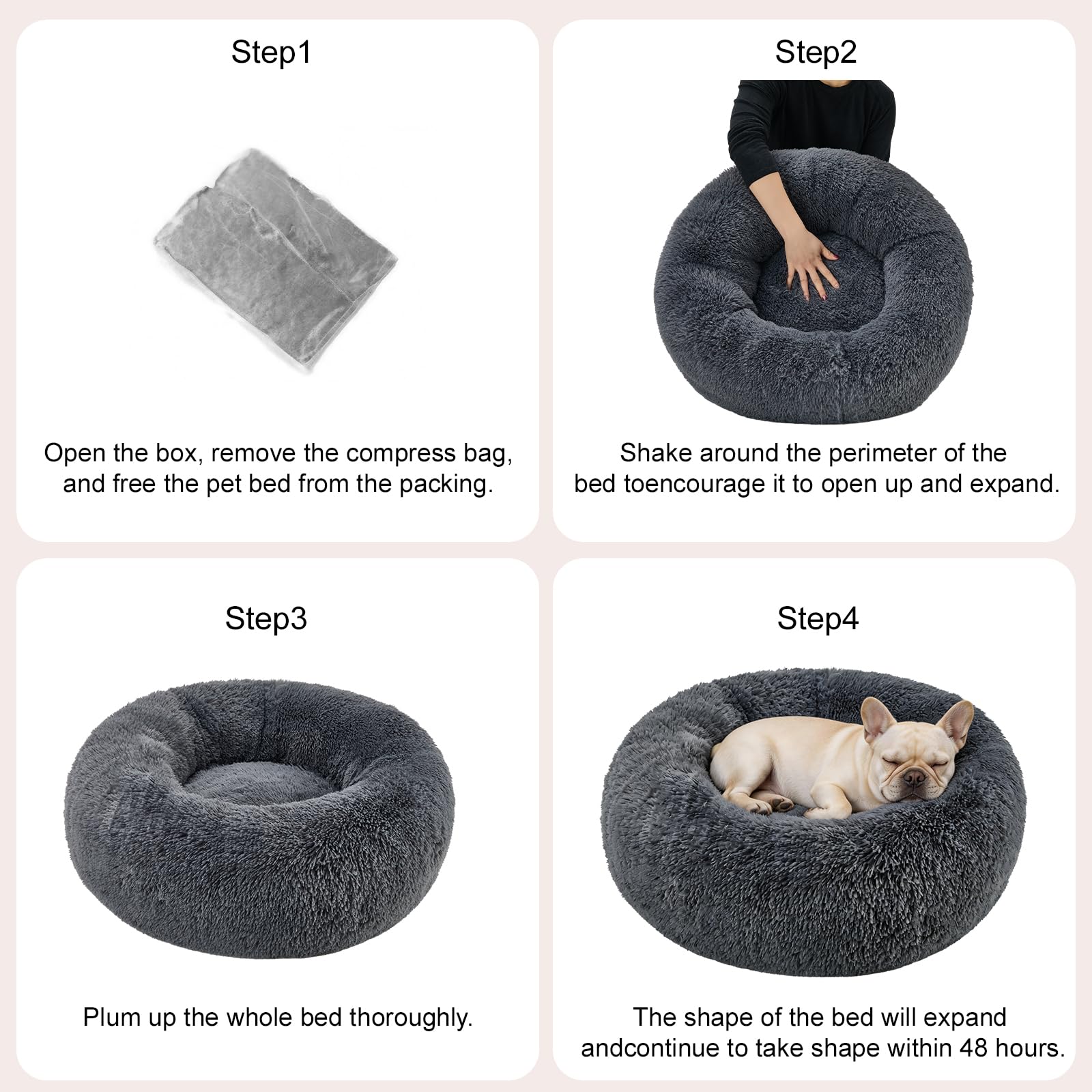 Kimpets Donut Calming Dog Bed - Small 20" Round Washable Faux Fur Bed for Small to Medium Dogs, Dark Grey