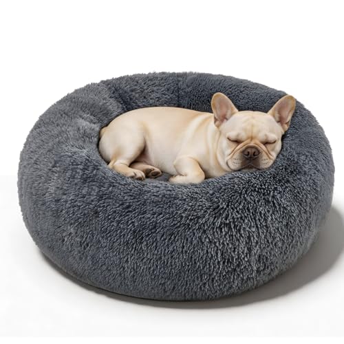Kimpets Donut Calming Dog Bed - Small 20" Round Washable Faux Fur Bed for Small to Medium Dogs, Dark Grey