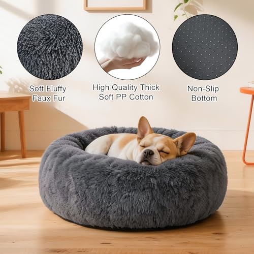 Kimpets Donut Calming Dog Bed - Small 20" Round Washable Faux Fur Bed for Small to Medium Dogs, Dark Grey