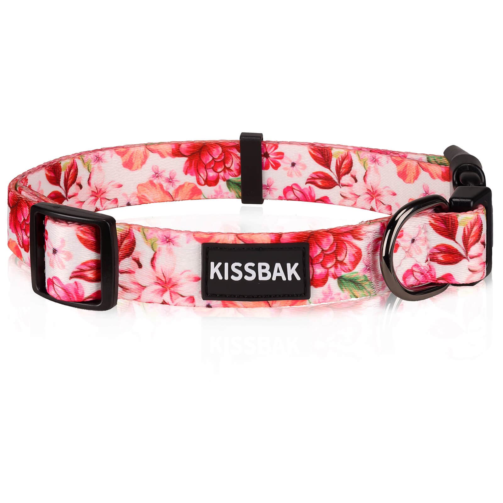 KISSBAK Medium Dog Collar - Pink Peony Floral Pattern, Adjustable & Soft for Girls
