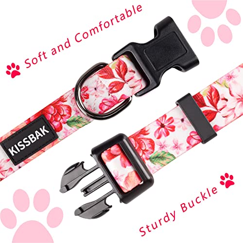 KISSBAK Medium Dog Collar - Pink Peony Floral Pattern, Adjustable & Soft for Girls