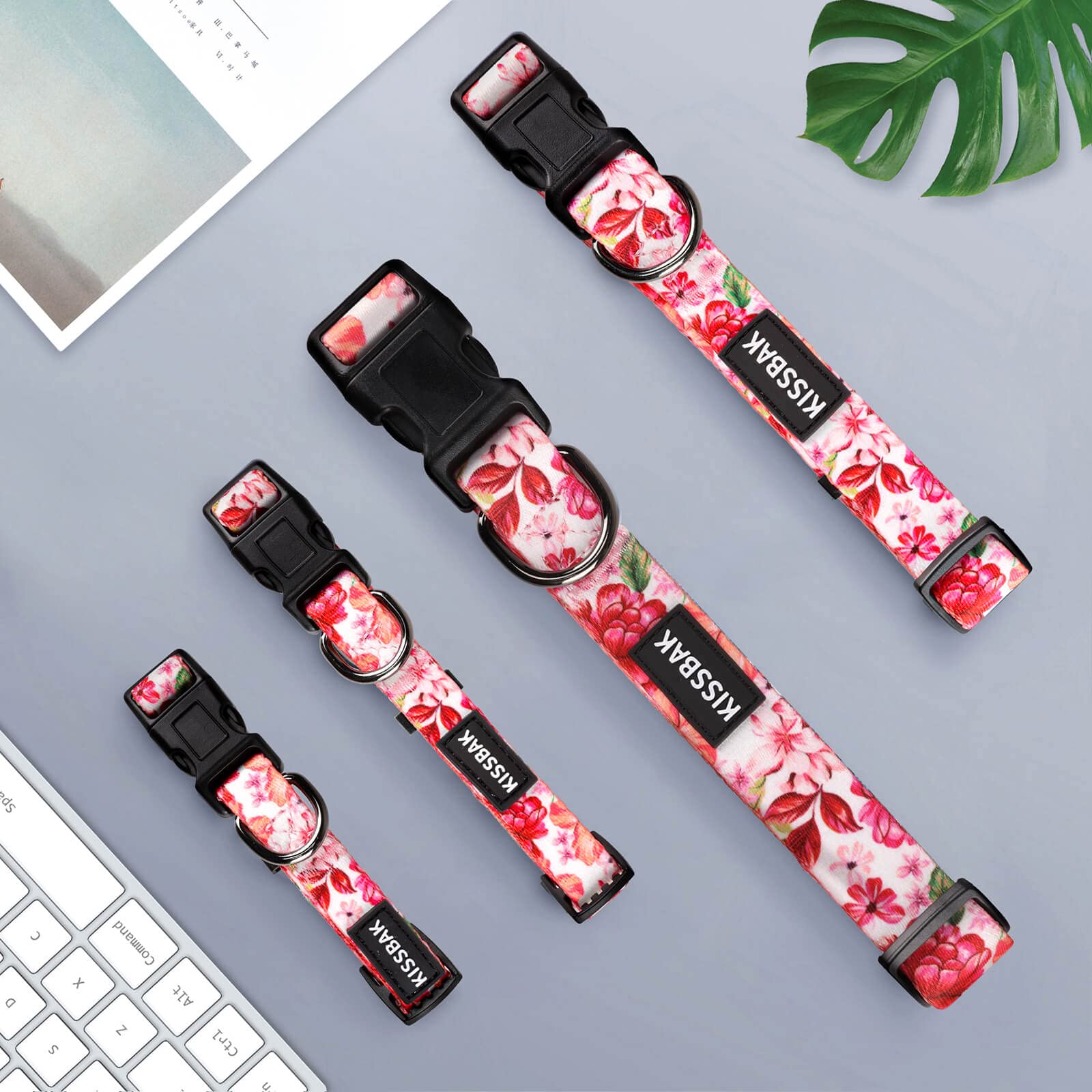 KISSBAK Medium Dog Collar - Pink Peony Floral Pattern, Adjustable & Soft for Girls