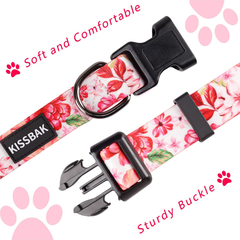 KISSBAK Medium Dog Collar - Pink Peony Floral Pattern, Adjustable & Soft for Girls