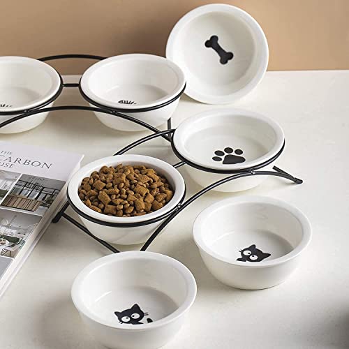KITCHENLESTAR Ceramic Elevated Pet Bowls – 12 oz Raised Cat Food Dish with Non-Slip Stand, Dishwasher Safe