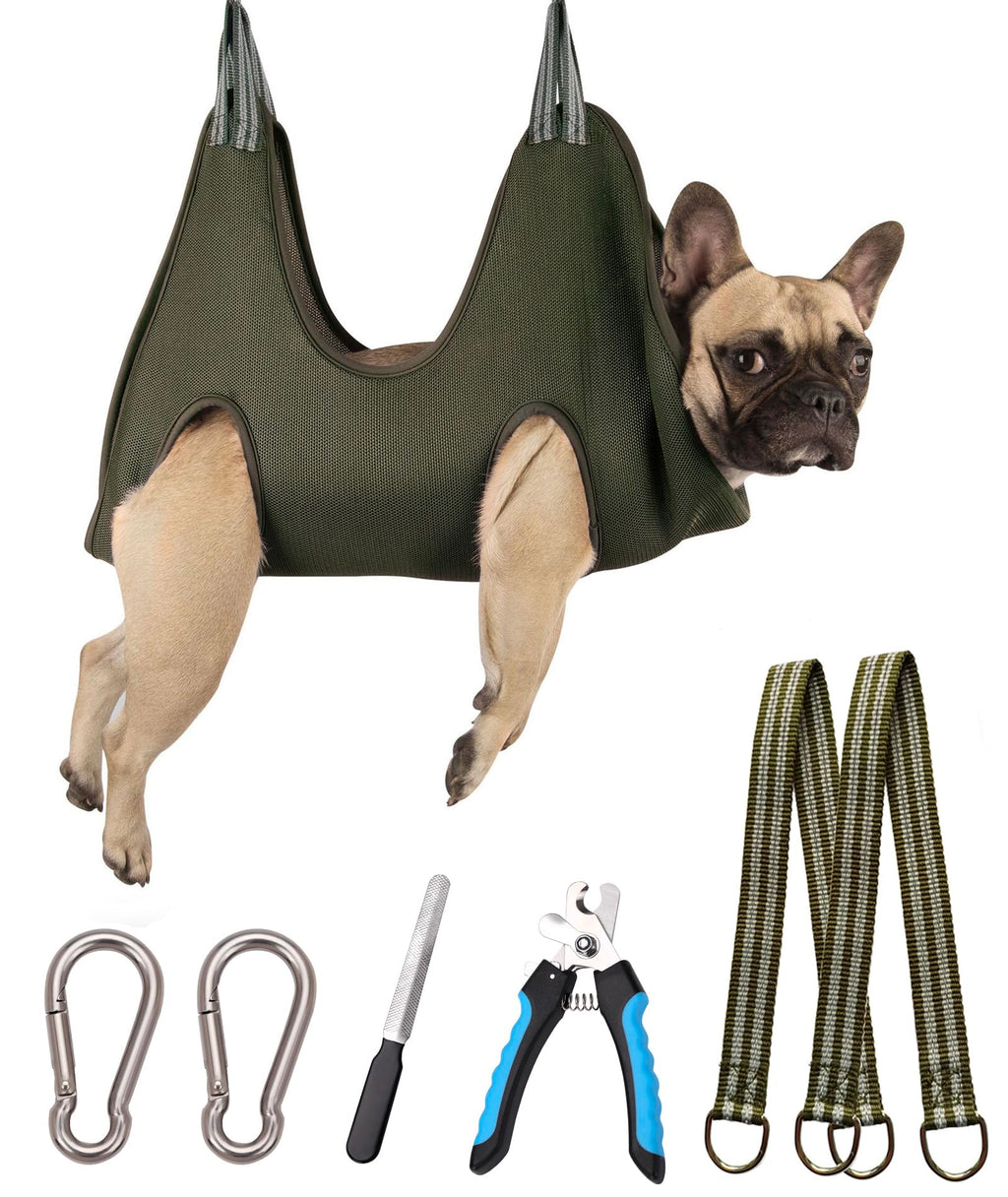 Kkiimatt 10-in-1 Dog Grooming Hammock Kit with Nail Clippers and File – M Size, Khaki Green