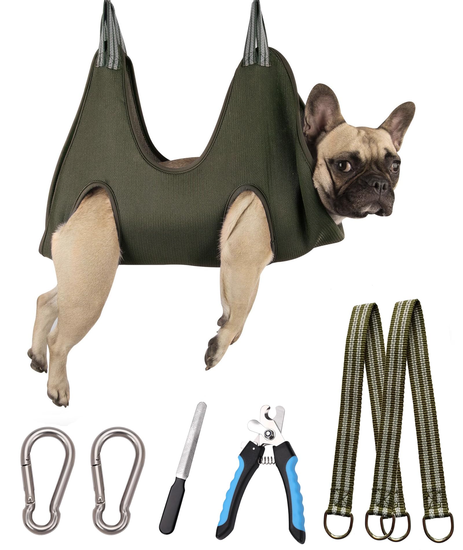 Kkiimatt 10-in-1 Dog Grooming Hammock Kit with Nail Clippers and File – M Size, Khaki Green