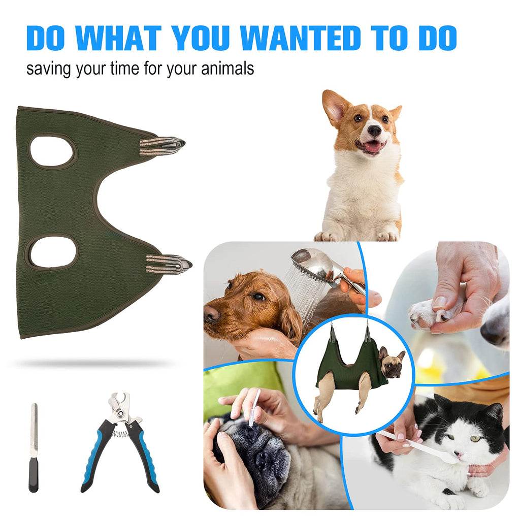 Kkiimatt 10-in-1 Dog Grooming Hammock Kit with Nail Clippers and File – M Size, Khaki Green