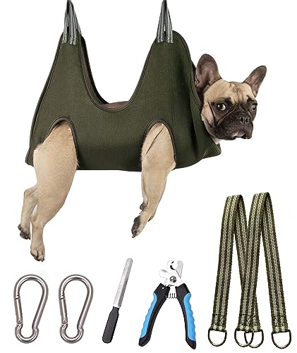 Kkiimatt 10-in-1 Dog Grooming Hammock Kit with Nail Clippers and File – M Size, Khaki Green