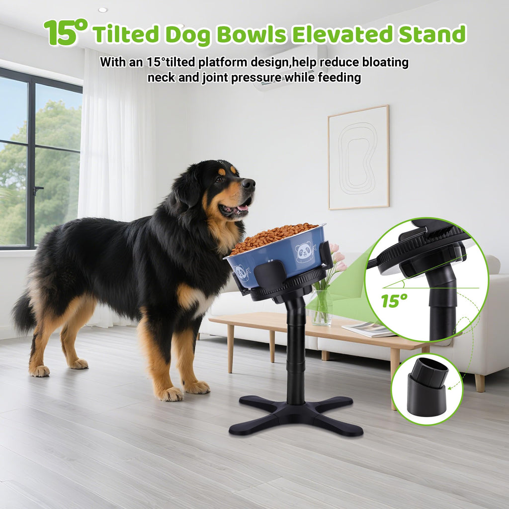 KMXASP Adjustable Elevated Dog Bowl Stand with 15° Tilt, 3 Heights, Width Adjustable, Anti-Slip Base for Medium & Large Dogs (Black, 1 Pack)