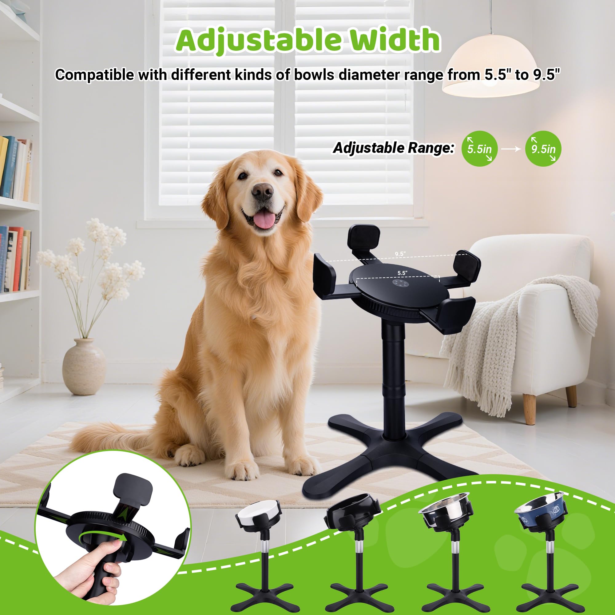 KMXASP Adjustable Elevated Dog Bowl Stand with 15° Tilt, 3 Heights, Width Adjustable, Anti-Slip Base for Medium & Large Dogs (Black, 1 Pack)