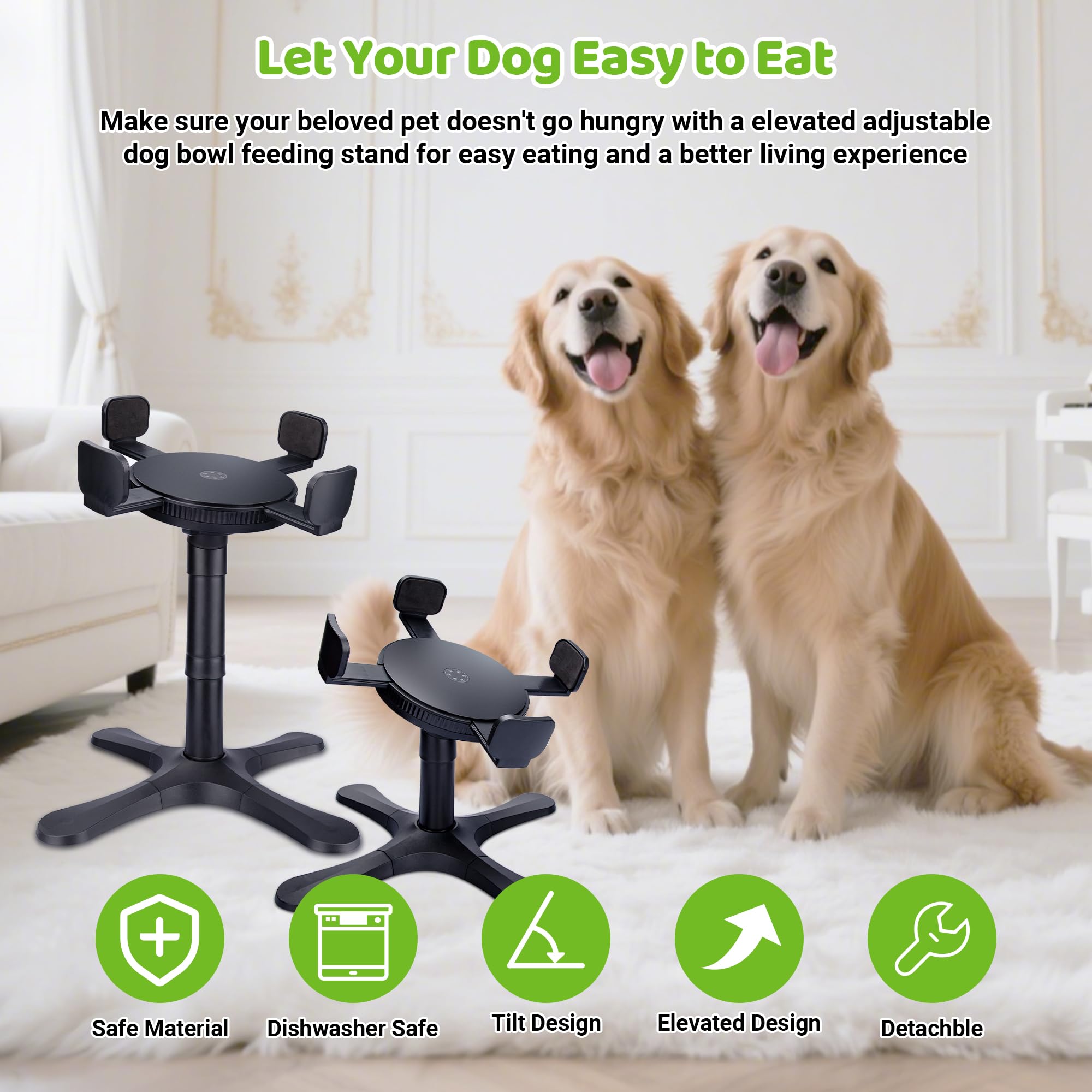 KMXASP Adjustable Elevated Dog Bowl Stand with 15° Tilt, 3 Heights, Width Adjustable, Anti-Slip Base for Medium & Large Dogs (Black, 1 Pack)