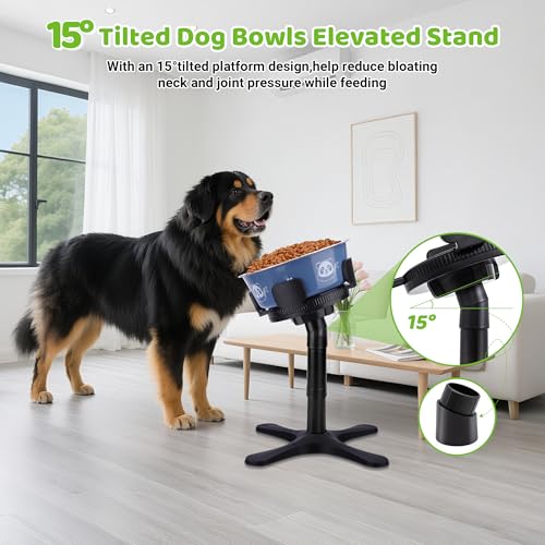 KMXASP Adjustable Elevated Dog Bowl Stand with 15° Tilt, 3 Heights, Width Adjustable, Anti-Slip Base for Medium & Large Dogs (Black, 1 Pack)
