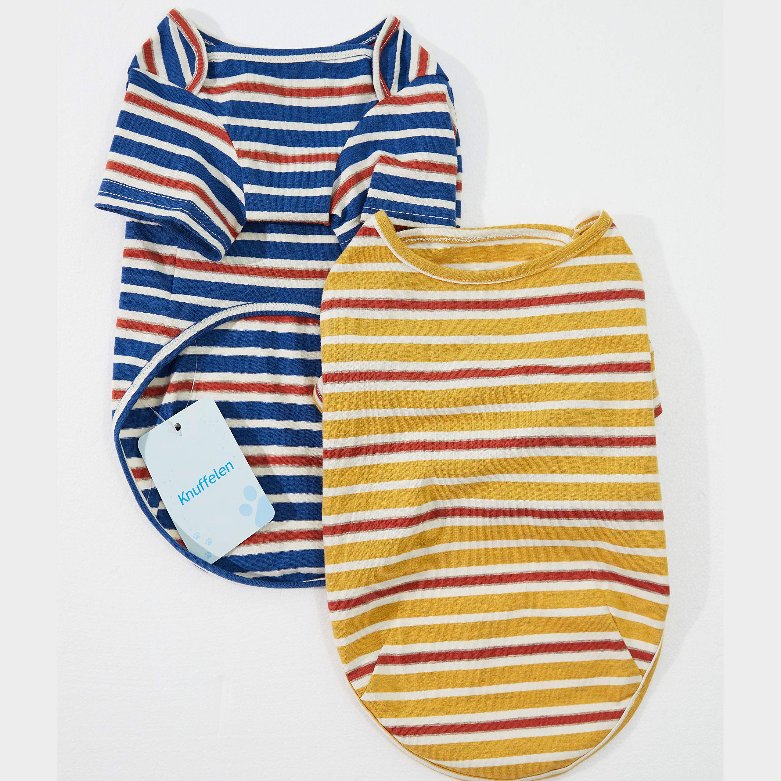 Knuffelen 2-Pack Striped Cotton Dog Shirts for Small Dogs – Blue Yellow Stripes, Size XL