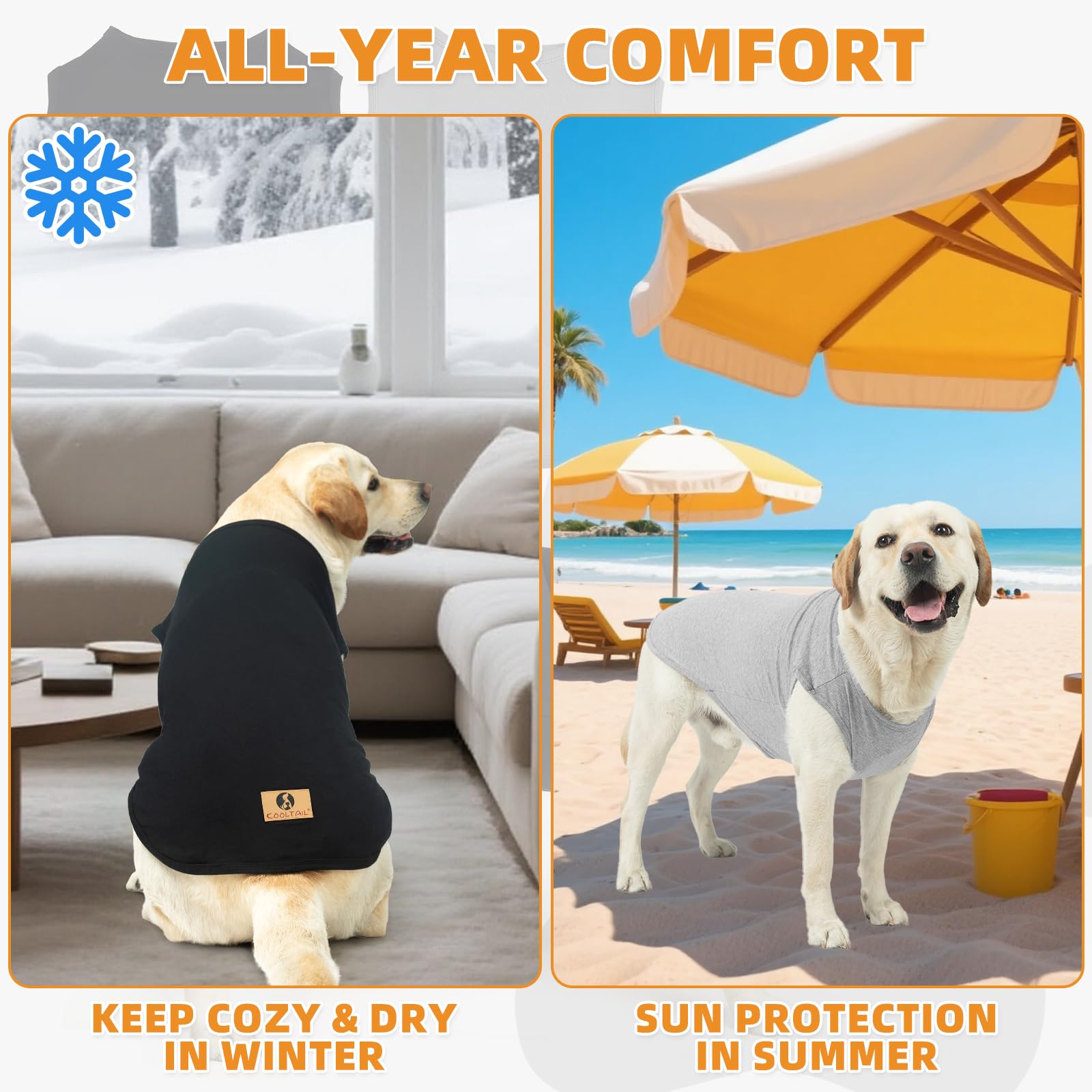 KOOLTAIL 2-Pack Cotton Dog T-Shirts for Large Dogs, UV & Insect Protection, Sleeveless Tank Tops, Black & Grey, XL