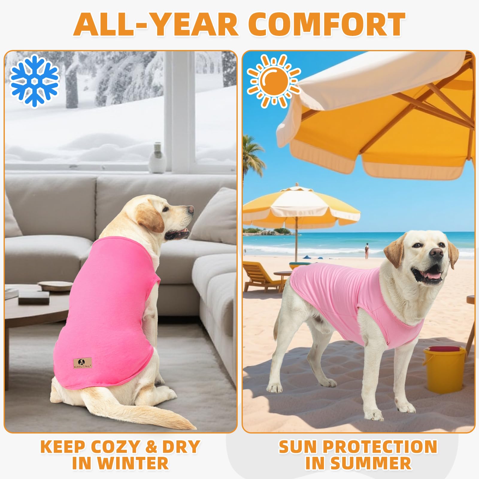 KOOLTAIL 2-Pack Cotton Dog T-Shirts for Large Dogs – UV Sun Protection, Pink & Rose, XXXL
