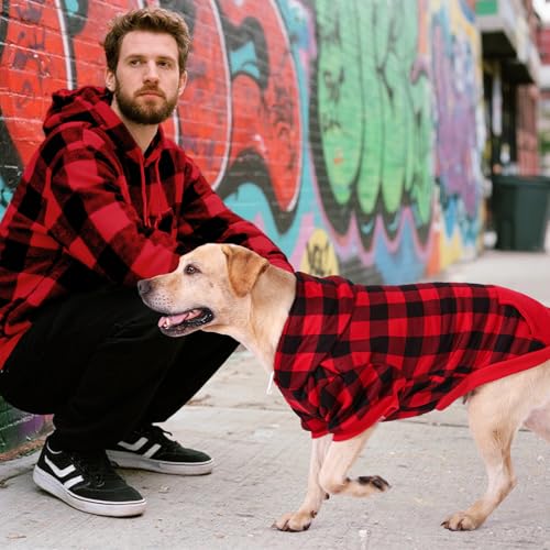 KOOLTAIL Plaid Dog Hoodie with Hat and Pocket - Red Large for Broad-Chested Dogs