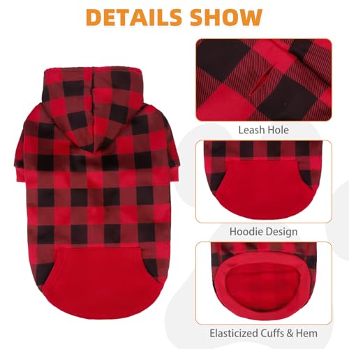 KOOLTAIL Plaid Dog Hoodie with Hat and Pocket - Red Large for Broad-Chested Dogs