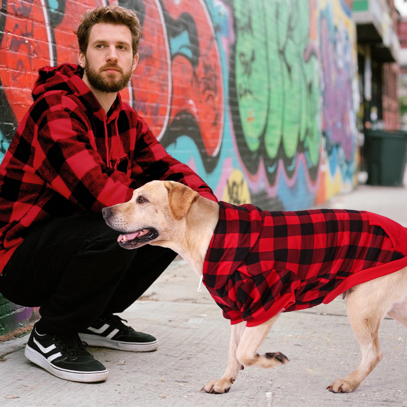 KOOLTAIL Plaid Dog Hoodie with Hat and Pocket - Red Large for Broad-Chested Dogs
